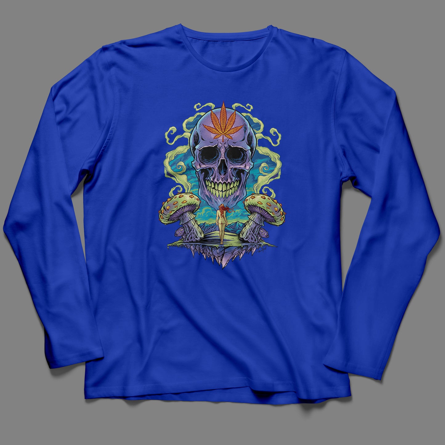 Long-Sleeve Trippy Weed Skull T-Shirt