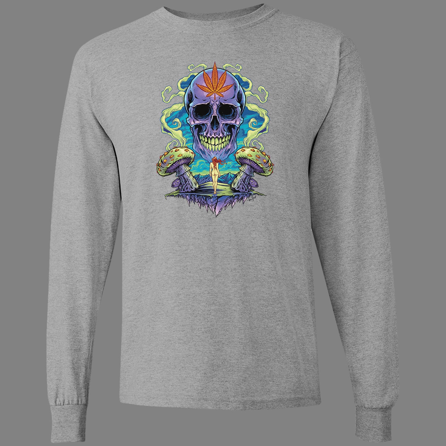 Long-Sleeve Trippy Weed Skull T-Shirt