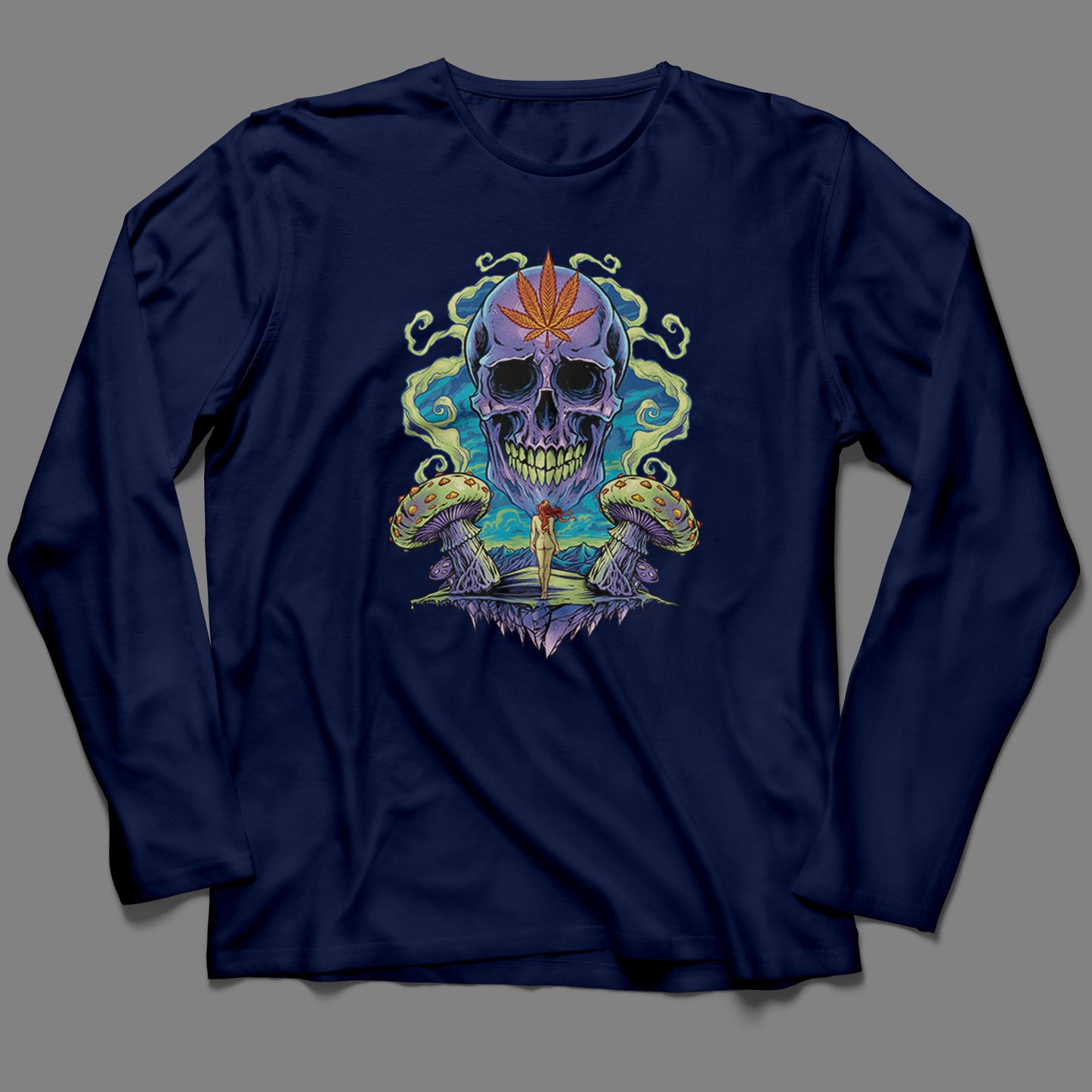 Long-Sleeve Trippy Weed Skull T-Shirt