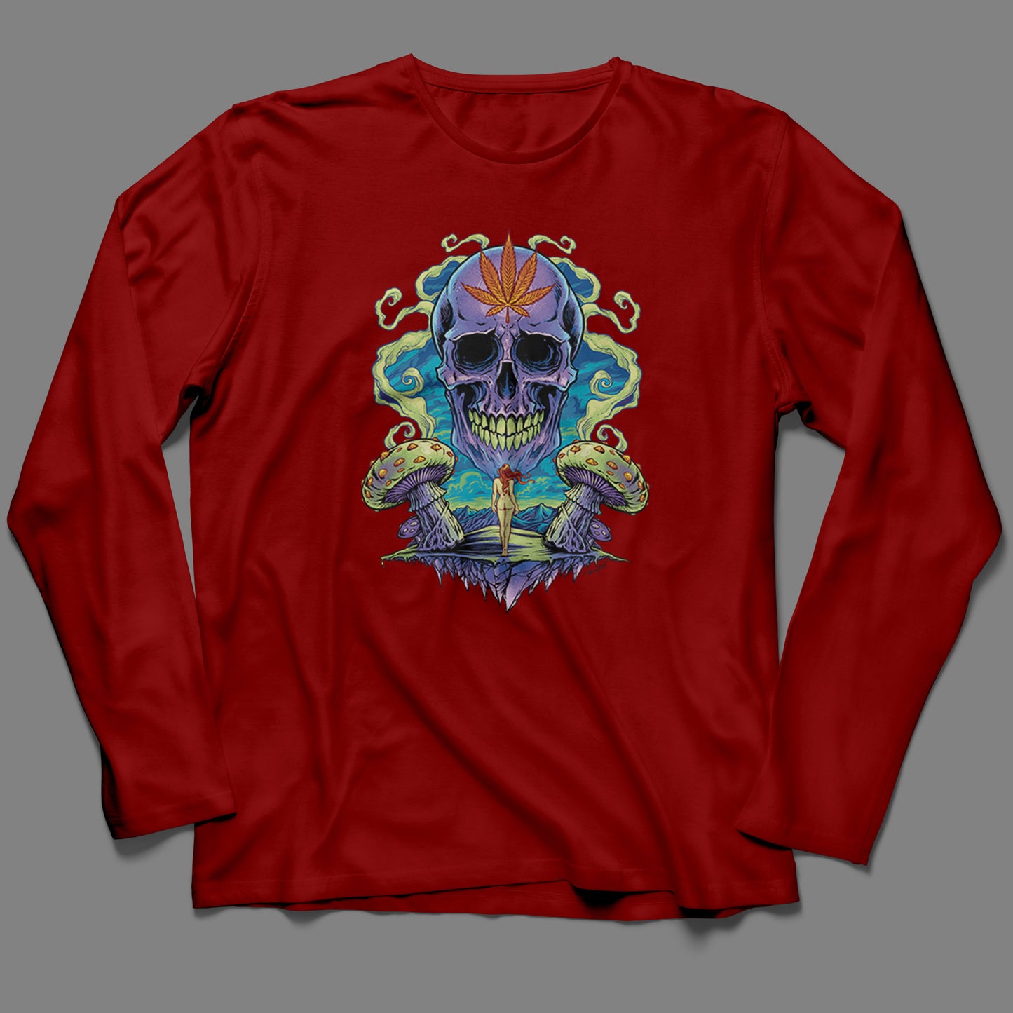 Long-Sleeve Trippy Weed Skull T-Shirt