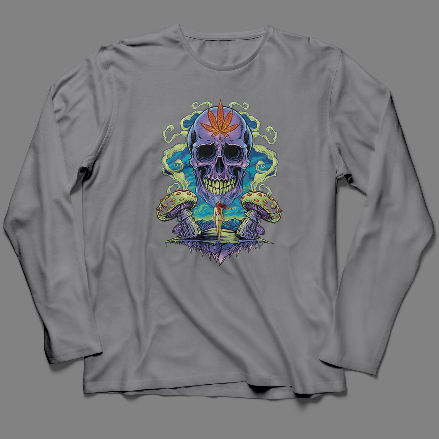 Long-Sleeve Trippy Weed Skull T-Shirt