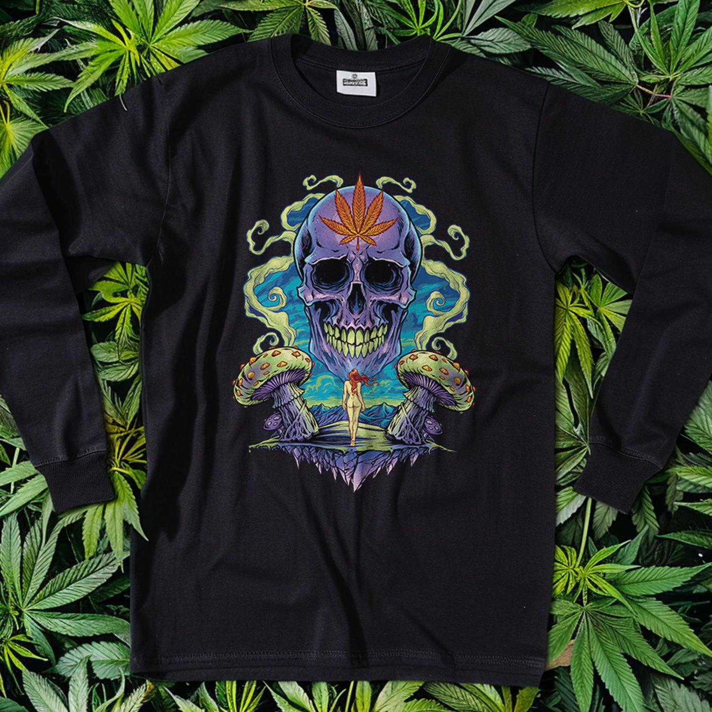 Long-Sleeve Trippy Weed Skull T-Shirt